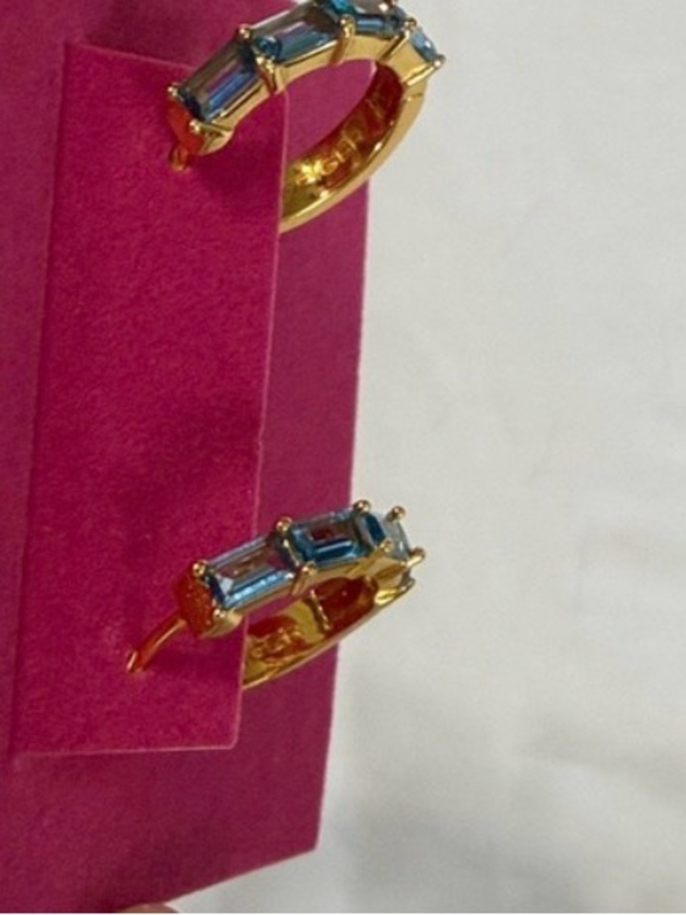 Kurt Geiger Gold Hoop Earrings with Blue Baguette Crystals NWT - Picture 3 of 4
